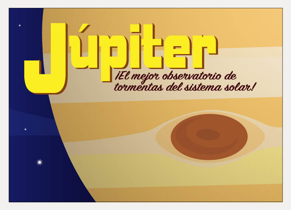Dibujo abstracto de la Gran Mancha Roja de Júpiter y sus rayas de color naranja con un texto que dice: Júpiter, ¡la mejor observación de tormentas del sistema solar!.