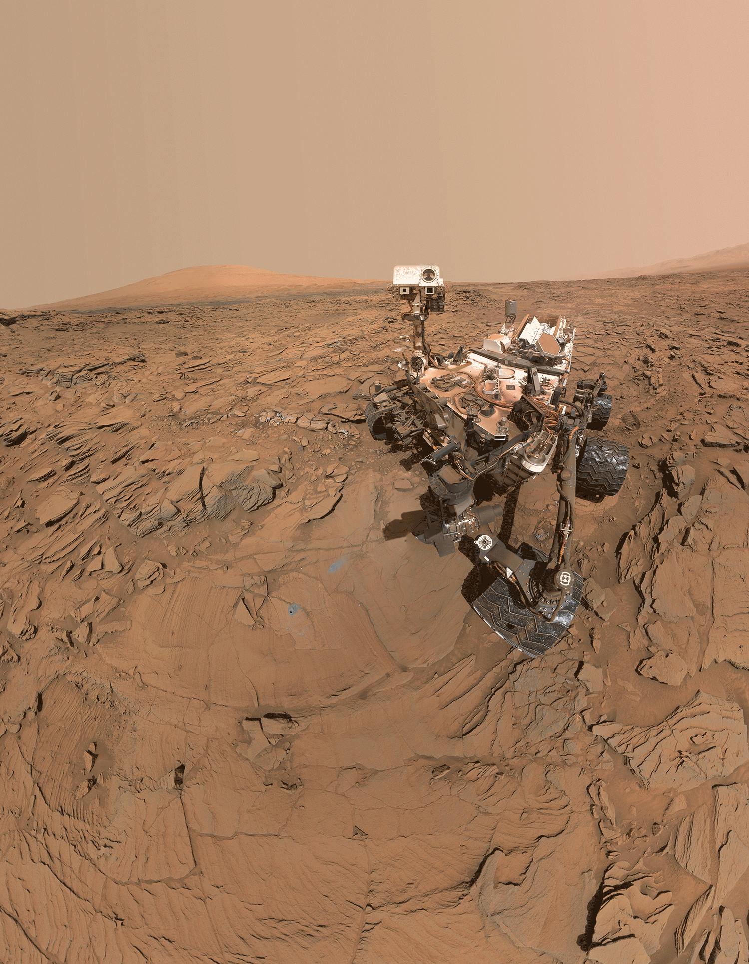 El autorretrato del rover Curiosity de la NASA en Marte muestra el vehículo en la superficie desértica de Marte. La “cabeza” de la cámara del rover de seis ruedas está girada para mirar al espectador. En el suelo, frente al rover, hay un tubo de muestras de metal, sellado, del tamaño de un marcador de pizarras. Las huellas de las ruedas del rover que dejó en la superficie polvorienta trazan un camino en zigzag hacia varios otros sitios donde este ha colocado tubos similares en la superficie de esta zona plana. A lo lejos, las características geográficas de una colina y una meseta marcan el horizonte.