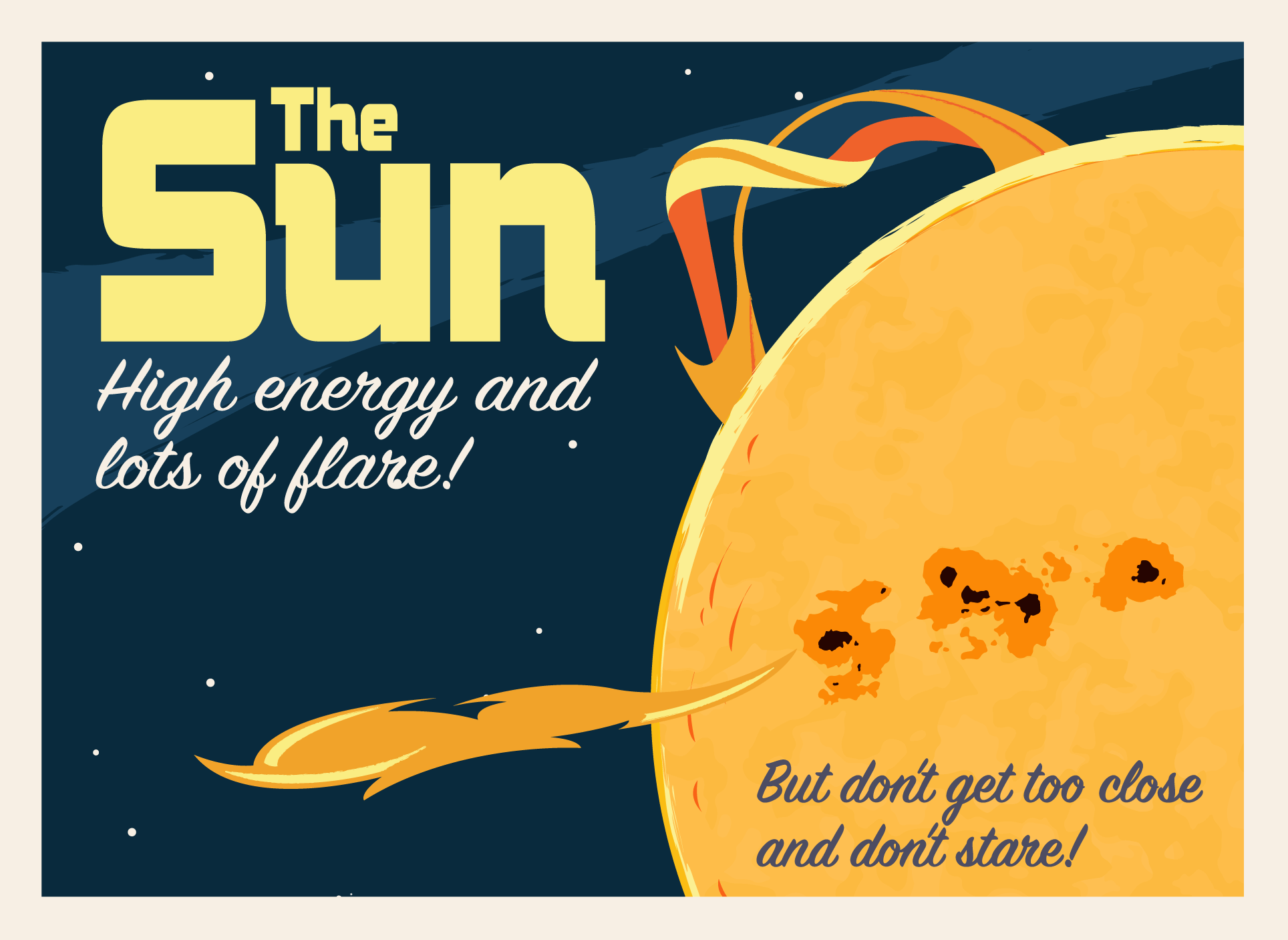 Postcard advertising travel to the Sun. The text on the postcard reads The Sun - High energy and lots of flare, but don't get too close and don't stare! Behind the text is an illustration of the Sun, with a solar flare, coronal mass ejection and sunspots.