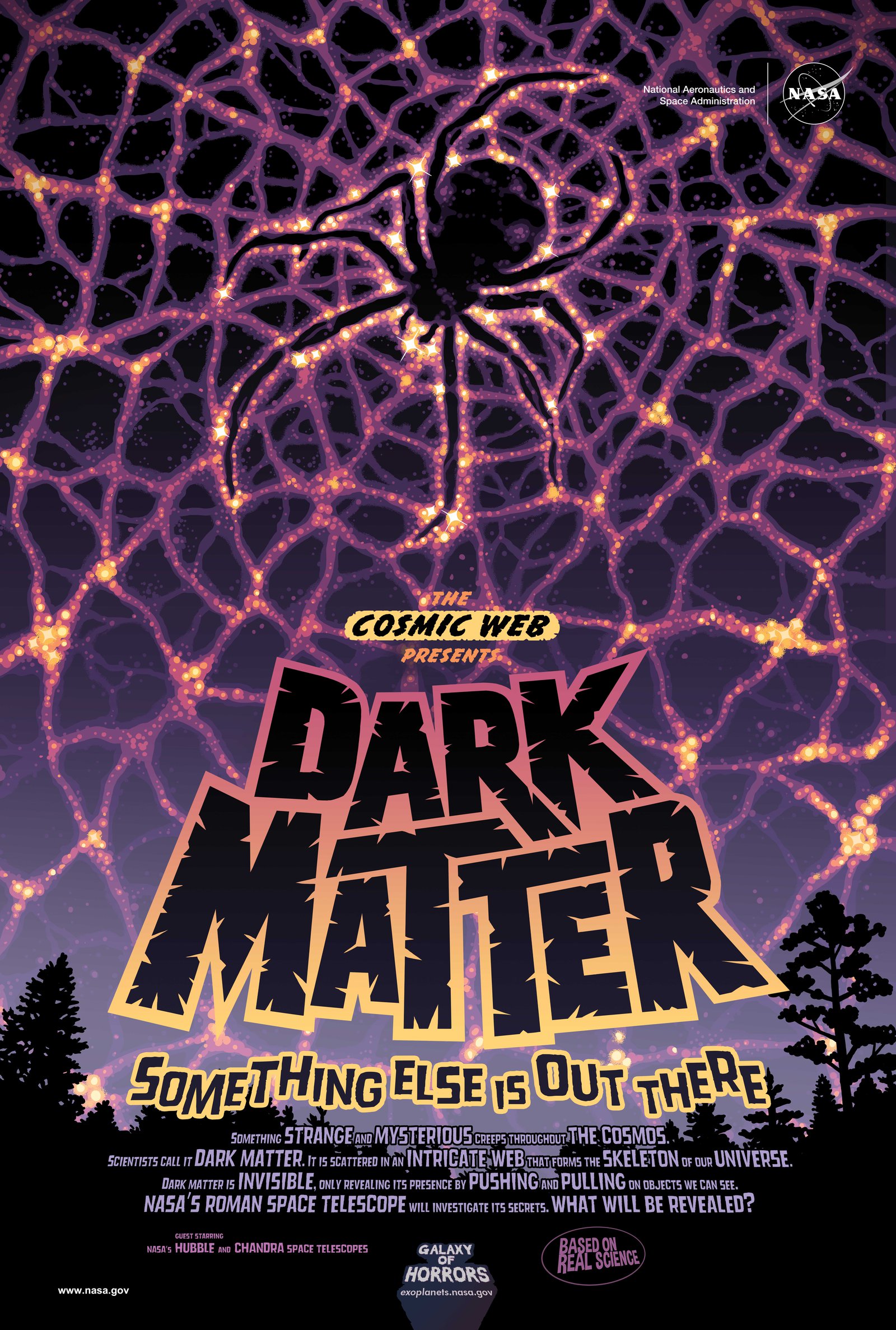 An informational poster about dark matter. The poster says, The cosmic web presents… Dark Matter. Something else is out there. Something strange and mysterious creeps throughout the cosmos. Scientists call it dark matter. It is scattered in an intricate web that forms the skeleton of our universe. Dark matter is invisible, only revealing its presence by pushing and pulling on objects we can see. NASA’s Roman Space Telescope will investigate its secrets. What will be revealed? The poster looks like an advertisement for a horror movie; there is a large spider sitting on a web of dark matter threads. Dark matter is written in large, black, blocky font.