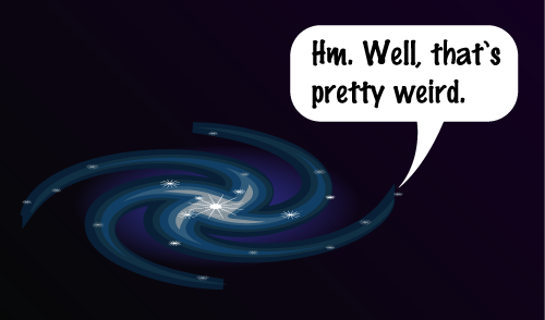 A simplified illustration of a swirling dark blue galaxy says, Hm. Well, that’s pretty weird.