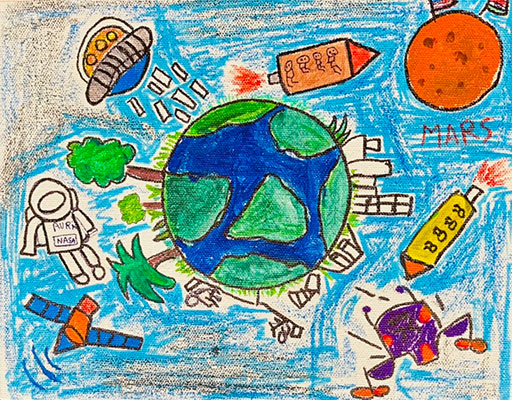 User submitted drawing of Earth with buildings and trees on it with astronauts and rockets around it.