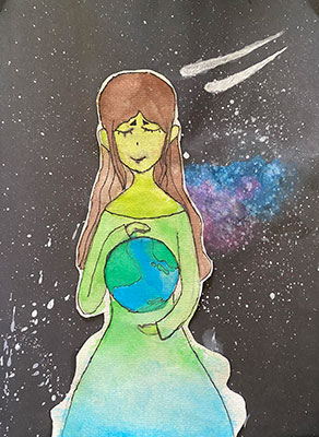 User submitted drawing of a large, green woman holding the Earth in her hands.