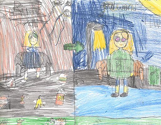 User submitted drawing of a person on the left standing on a trashy road and a person on the right standing on a clean road.