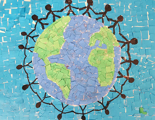 Image of the Earth with people holding hands all around it. The image is made of many cutout squares of different colors.