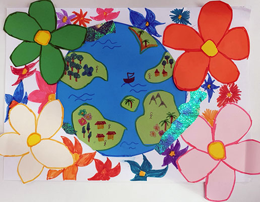 Illustration of Earth with a bunch of large flowers around it.
