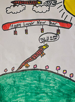 Illustration of dragons flying in the sunny sky next to a banner that reads Happy Lunar New Year.