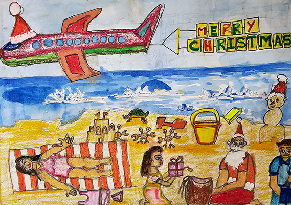 Illustration of several people enjoying the beach. One person is dressed up as Santa. A plane is flying by in the sky towing a sign that says Merry Christmas.