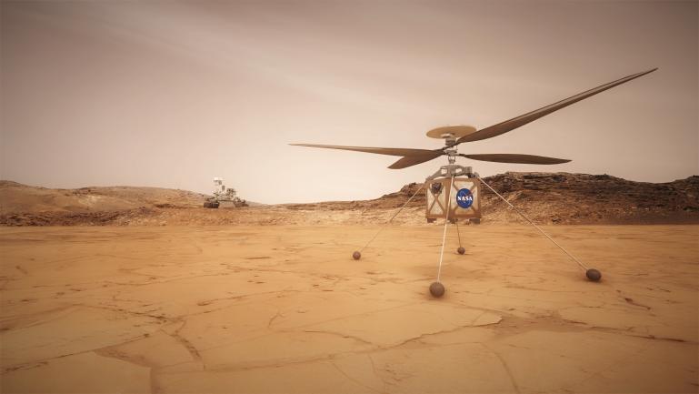 El concepto del artista muestra el helicóptero Mars que viajará con el rover Perseverance de la NASA.