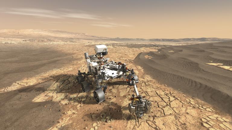 Concepto del artista que representa el rover Perseverance de la NASA en la superficie de Marte.