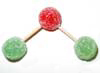 One green (nitrogen) gumdrop joined by half-toothpicks to two red (oxygen) gumdrops.