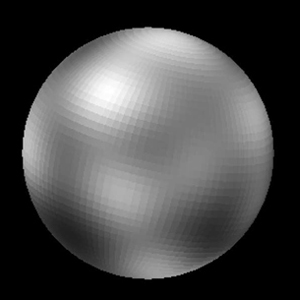 Pluto appears as a nearly featureless gray sphere, with blurry lighter and darker areas.