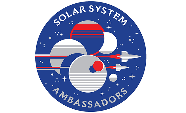 Round logo for Solar System Ambassadors program. It contains a couple planets and spacecraft flying by them.