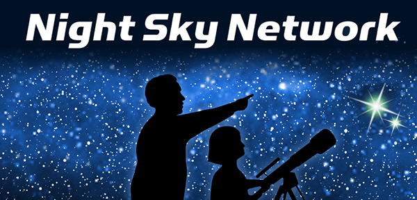 A starry sky with the silhouettes of a child and adult looking through a telescope. Text over the image reads Night Sky Network.