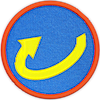 una insignia con una flecha horizontal que muestra rotación en el sentido de las agujas del reloj