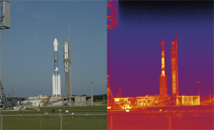 Spitzer: The Spitzer Space Telescope ready for launch on a Delta rocket in 2003. The launch pad appears in visible light (left) and in infrared light. The warmest areas appear white and yellow. The coolest are purple and dark blue.