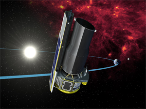 Spitzer in orbit: The Spitzer Space Telescope in its Earth trailing orbit around the Sun. It is far from the warm Earth (radiating in infrared) so that its  sensitive instruments can more easily detect infrared light from other sources in the Universe.
