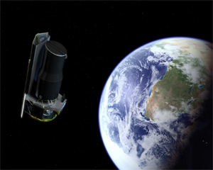 On its way: The Spitzer Space Telescope on its way to its Earth-trailing orbit. Spitzer orbits the Sun in the same path as Earth, except following far enough behind so that heat from Earth will not interfere with Spitzer's sensitive instruments.