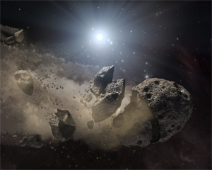 Alien asteroids: How asteroids might look after breaking up when they get too close to their star. In this case, their star is a white dwarf, the remains of a star like our Sun at the end of its life. Spitzer's infrared detectors sense these dusty clouds and what they are made of.
