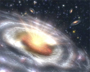 Quasar: An artist imagines a quasar (orange), with a growing black hole at its center. The quasar is a doughnut-shaped cloud of gas and dust that feeds a central supermassive black hole. 