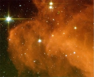 Witch: This is the Witch Head Nebula in infrared. New stars are forming in this gigantic murky cloud 800 light-years away in the Orion Constellation. This image does not show the entire nebula, so it's hard to see the witch.