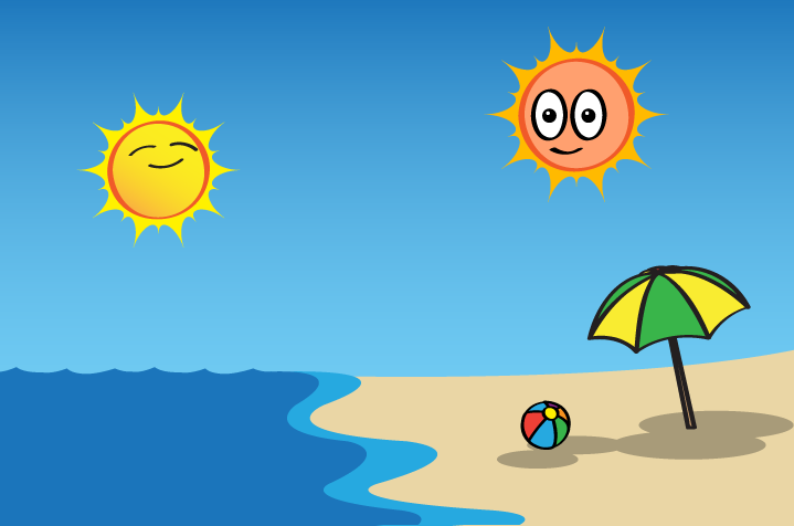 cartoon of two suns smiling over a beach