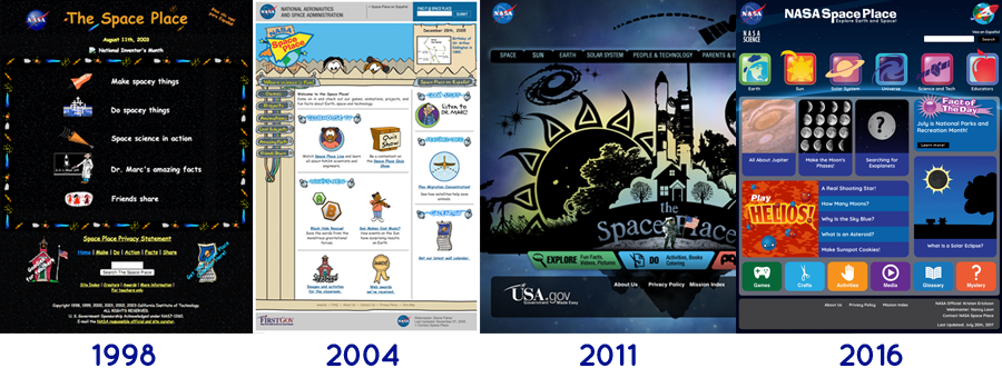 Instantáneas del sitio web Space Place de la NASA a lo largo de los años.