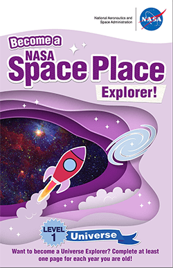 The cover of the Space Place Universe activity book, featuring a rocket and a galaxy.