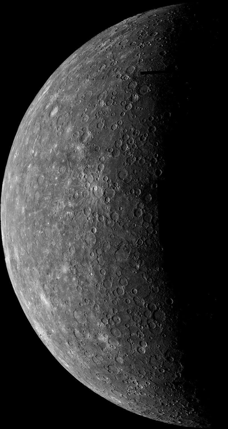 One half of Mercury is illuminated in this photograph taken by Mariner 10. Mercury looks similar to the Earth’s Moon – it appears gray with rocky craters.