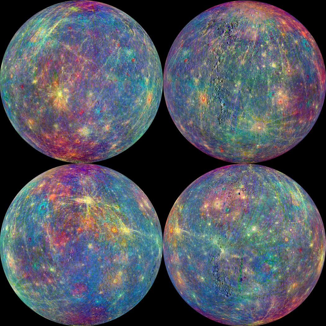 Imágenes con colores realzados de la esfera completa de Mercurio y su superficie.