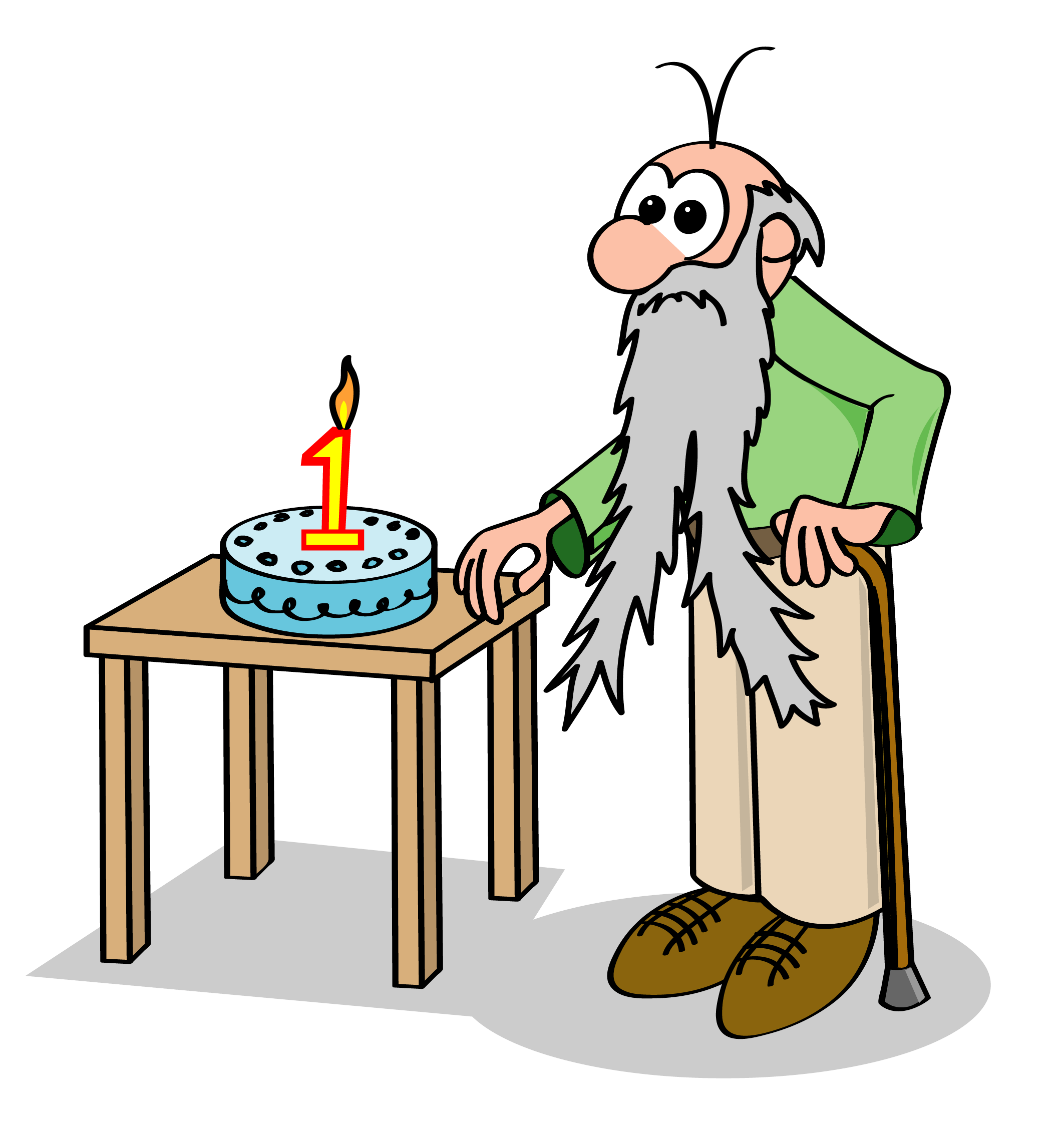 Old man with long gray beard and a cane wearing a green shirt. The man stands next to a small table with a blue birthday cake with a lit #1 candle.