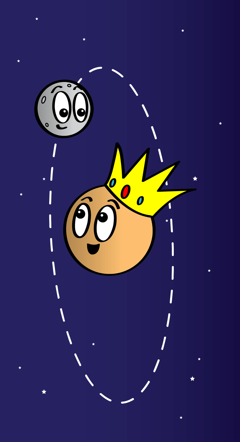 An orange Pluto smiles at a small gray Charon. Charon sits on an oval dotted line which represents its orbit around Pluto and smiles back. Pluto wears a yellow crown with three stones – one red and two green.