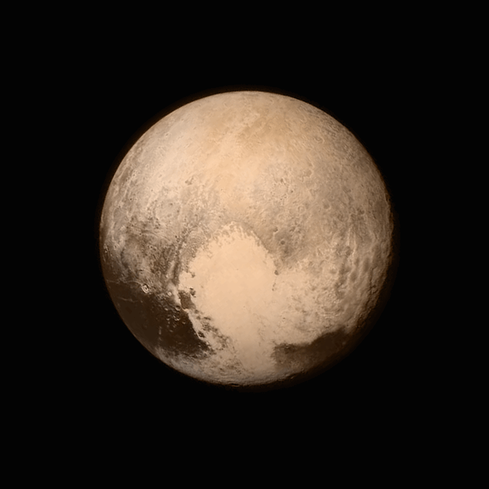 The Distant Planet. Four images from New Horizons’ Long Range Reconnaissance Imager were combined with color data from the Ralph instrument to create this global view of Pluto. Changes in terrain and color reveal a large light heart across Pluto’s surface.