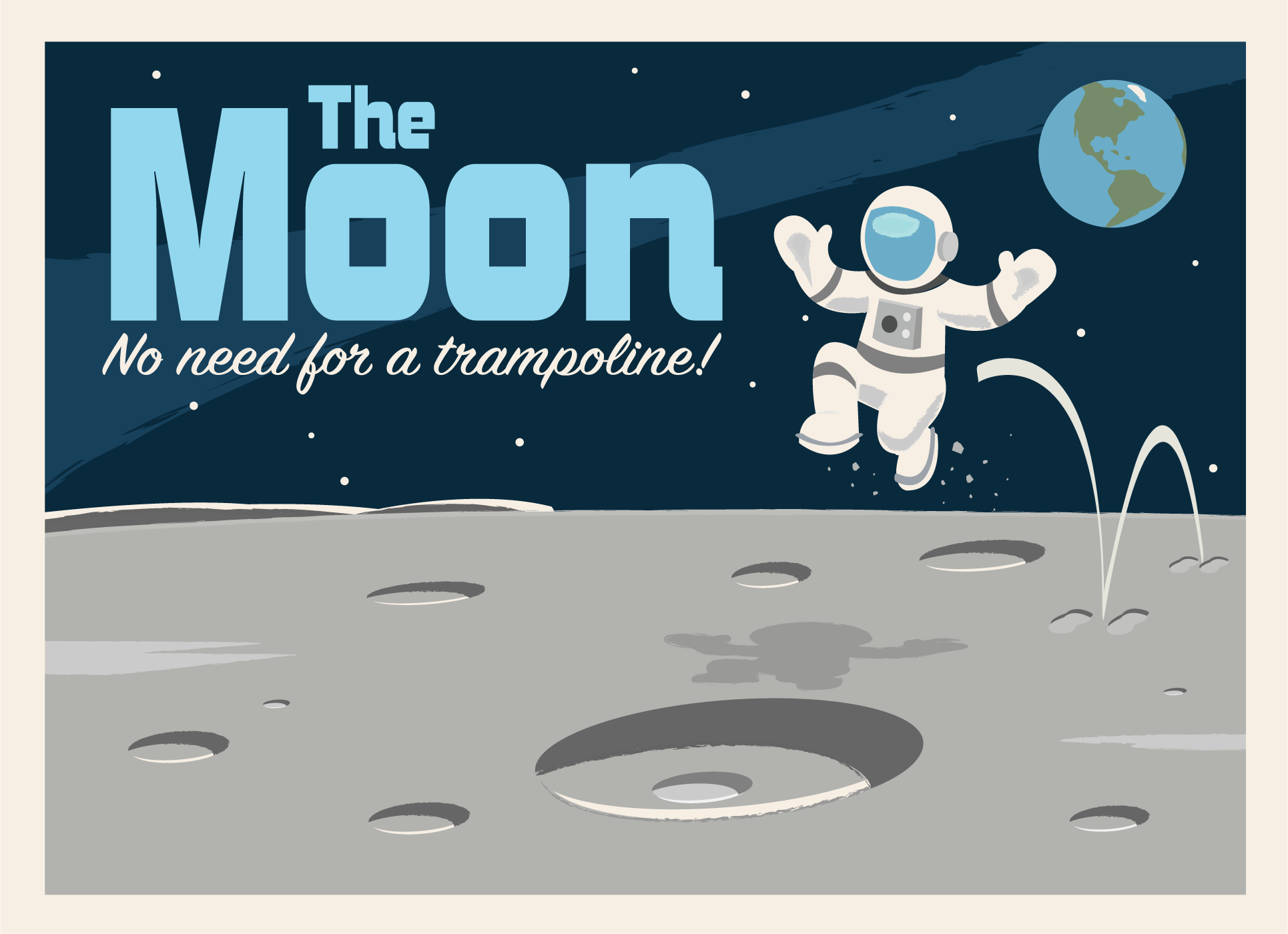 Postcard advertising travel to the Moon. The text on the postcard reads The Moon - No need for a trampoline! Behind the text is an illustration of an astronaut jumping on the surface of the Moon, with Earth visible in the distance.