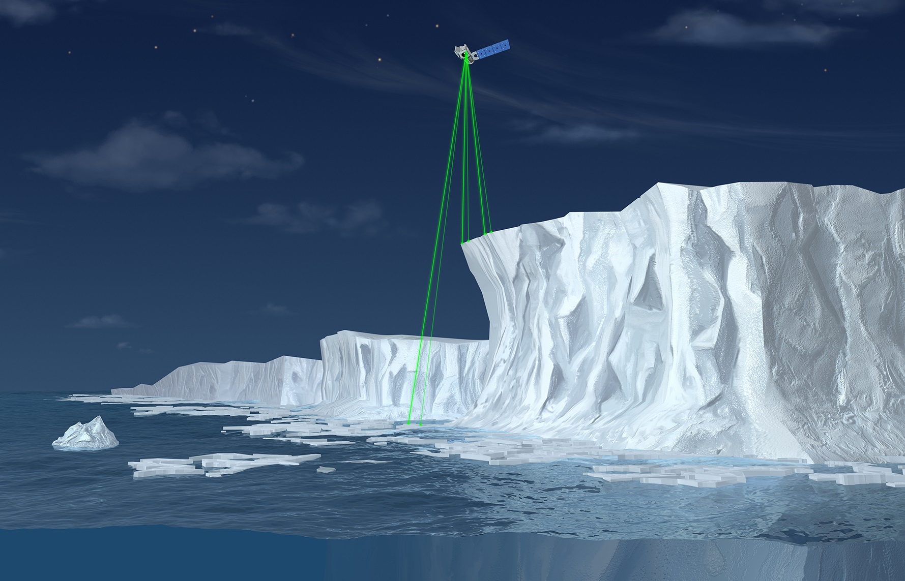 NASA’s Ice, Cloud and land Elevation Satellite-2 flying above an ice shelf and overlooking the ice and ocean surface below. Green lines illustrate the satellite observing Earth’s ice.