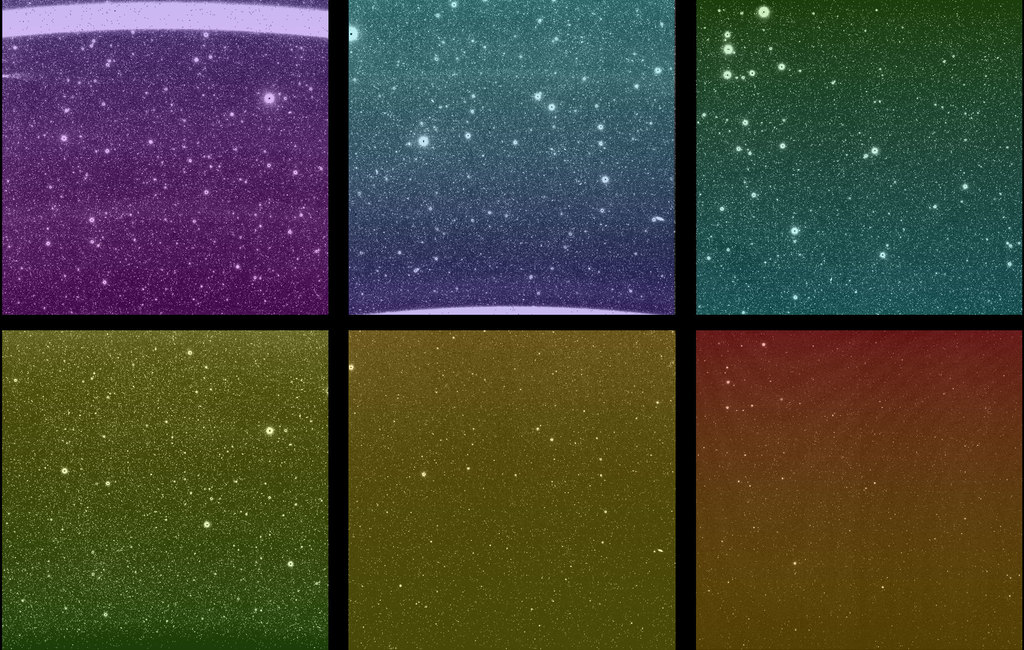 A group of six colorful square images showing stars and space in different colors. The colors show types of invisible light from SPHEREx's first test pictures. Each color helps scientists study stars and galaxies in a new way.