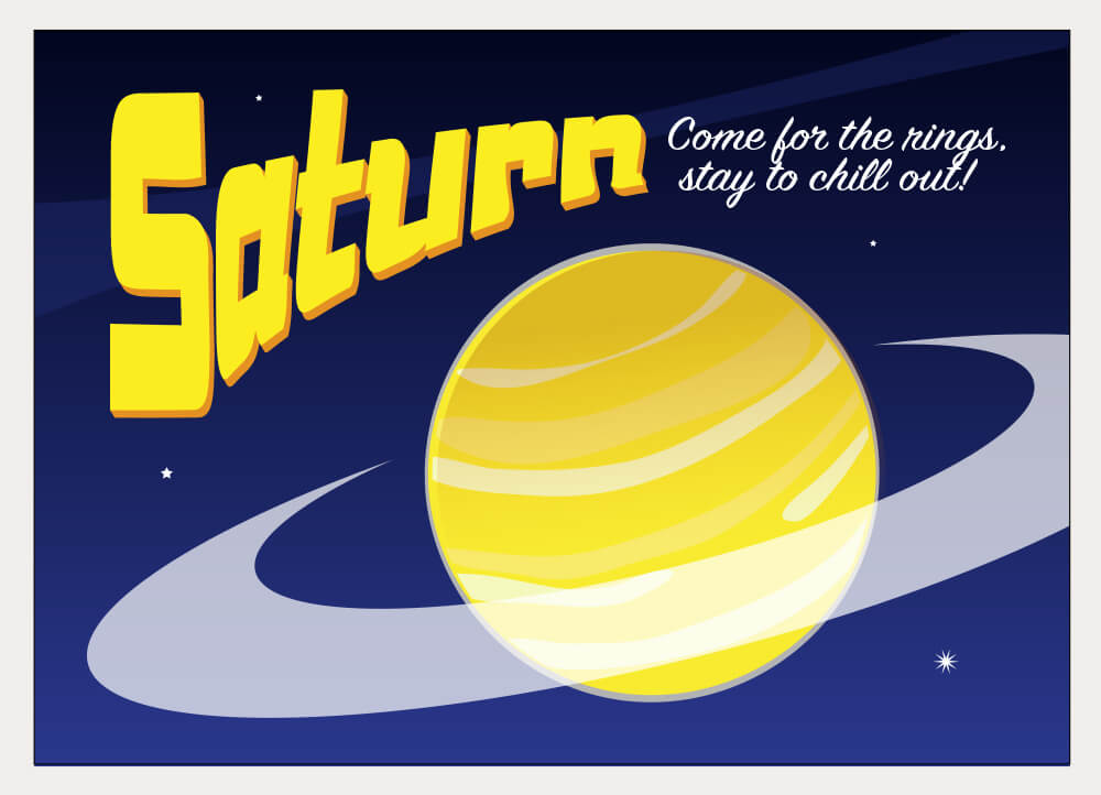 A stylized postcard illustration of Saturn.
