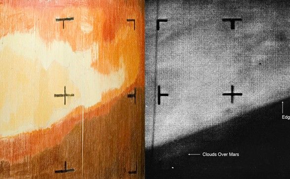 Side-by-side images of the edge of Mars; the black and white photo on the right shows the planet’s surface as fuzzy shades of gray, covering most of this image. A line runs from the lower left corner to the middle right of the frame, and below that is the darkness of space. Text on the image reads “Edge,” with an arrow pointing at that dividing line, and “Clouds Over Mars,” with an arrow pointing at barely visible, wispy light-gray areas in the darkness.
The left image is a vividly hand-colored version of the right-side image, in warm shades ranging from light yellow through orange to light brown. The brown area at lower right corresponds to the darkest area of the photo, representing space. Above that, the areas shaded yellow, golden yellow, orange, and reddish orange correspond to areas on Mars in shades of gray in the right-side photograph.