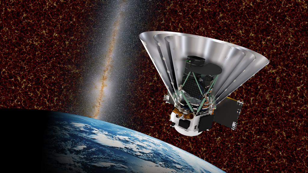 Ilustración del telescopio SPHEREx de la NASA flotando sobre la Tierra. La nave espacial tiene un gran cono plateado y blanco en la parte superior y apunta hacia el espacio. Detrás hay una colorida vista del espacio que muestra estrellas y galaxias. Este telescopio espacial ayudará a los científicos a obtener más información acerca de cómo comenzó el universo.