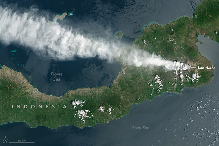 Una columna blanca de humo se eleva desde la cima de un volcán gris contra un cielo azul. Los picos cubiertos de nieve están en primer plano.