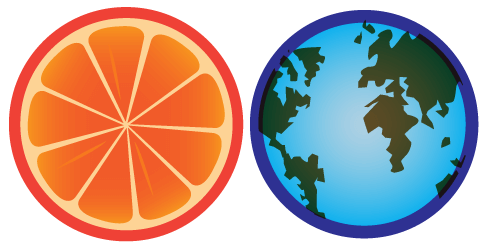 Un diagrama de tierra con una gruesa capa de azul alrededor de ella en comparación con un corte de naranja para que pueda ver cómo es gruesa la cáscara y cómo es similar al espesor de la atmósfera alrededor de la tierra