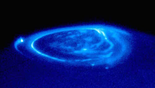 Blue lights on Jupiter captured with UV light.