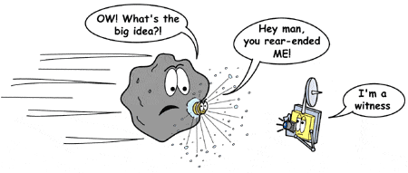 Cartoon of Deep Impact impactor crashing into comet, while mother ship takes a photo and says, I'm a witness!