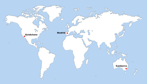 A map of the world showing the three Deep Space Network sites in Goldstone, California; Madrid, Spain; and Canberra, Australia