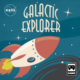 an illustrated game box cover for the Galactic Explorer game