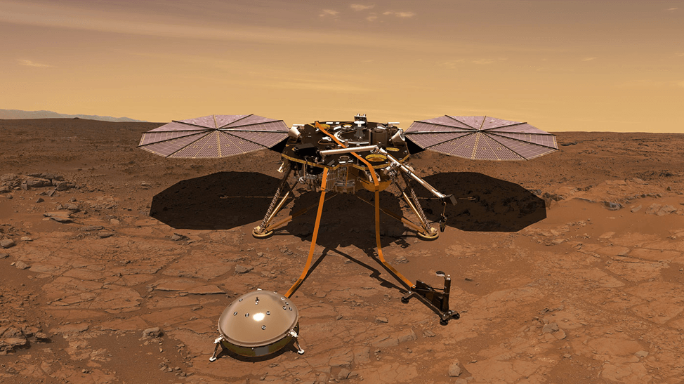 Render artysty przedstawiający lądownik Mars InSight działający na powierzchni Marsa's renduring of the Mars InSight lander operating on the surface of Mars