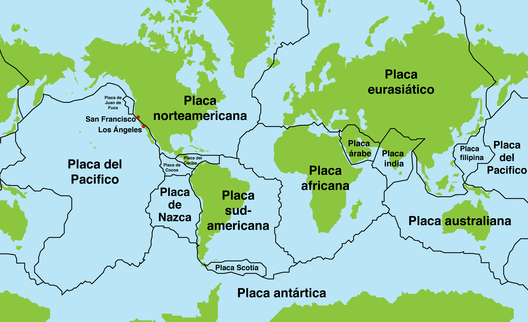 Mapa de las placas tectónicas de la Tierra.