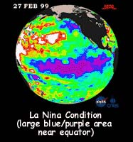 TOPEX colorized maps of Earth showing ocean temperature difference in La Nina conditions