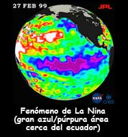 TOPEX coloreada mapas de la Tierra que muestra la diferencia de temperatura del océano en las condiciones de La Niña.
