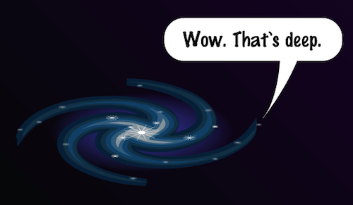 A simplified illustration of a swirling dark blue galaxy says, Wow. That’s deep.